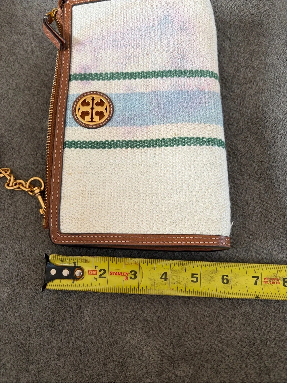 Tory Burch Cream Canvas Crossbody with Brown Trim and Green/Blue Stripes